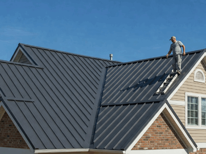 A durable standing-seam metal roof, perfect for a home in the Sayward valley.